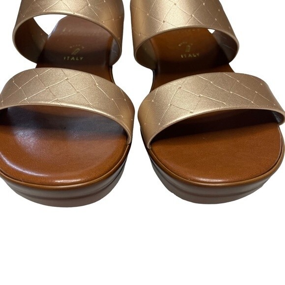 Italian Shoemakers Tan and Gold Slides Sandals 2 inch Heels, size 7M - Picture 4 of 12